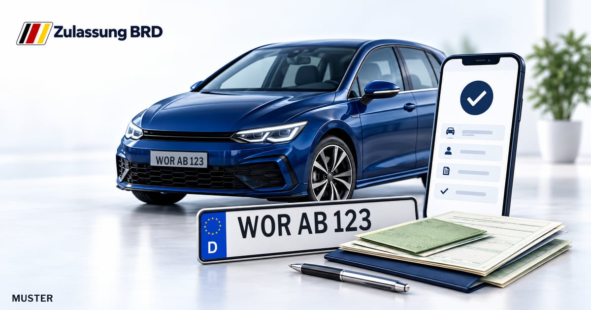 Online Fahrzeugzulassung in Bad Tölz: Musterkennzeichen WOR AB 123, Auto und Fahrzeugpapiere und Smartphone. Illustration mit Logo von Zulassung BRD.